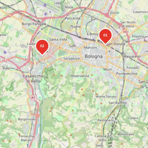 Mappa di Bologna con le due sedi Draben's Taco: 01 San Donato, a nord-est del centro, e 02 Barca, a ovest.